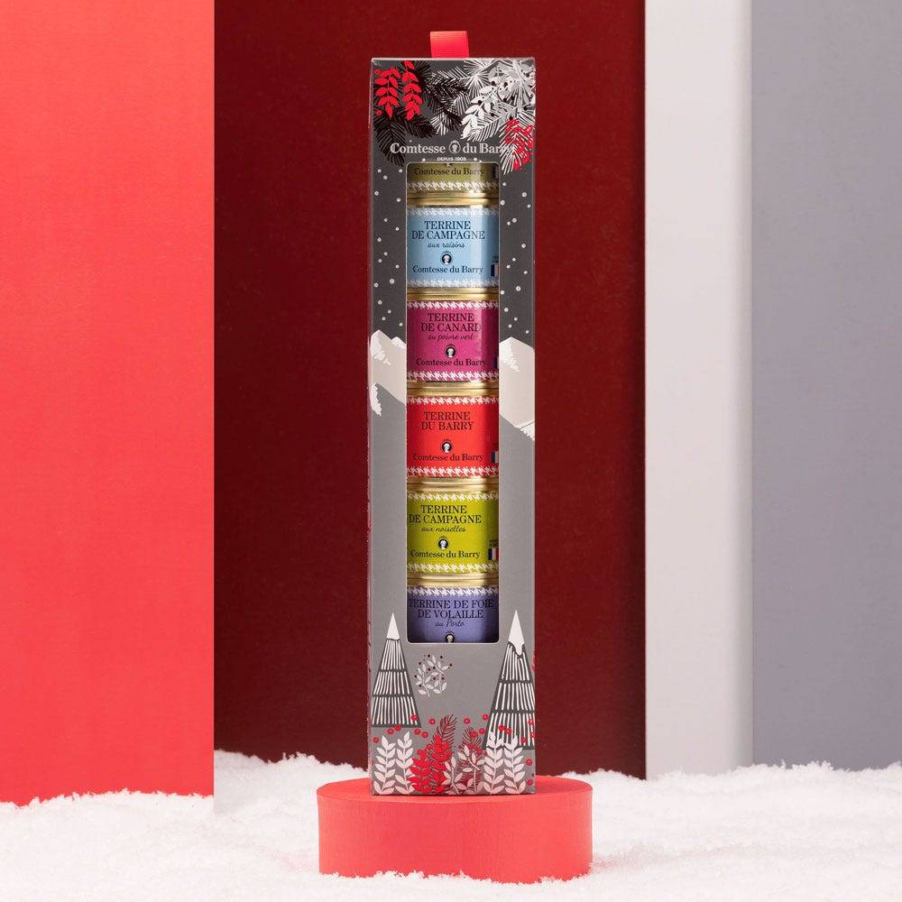 Coffret cadeau gourmand de Noël avec foie gras, terrines et rillettes artisanales de canard et d'oie, présenté dans un emballage élégant.