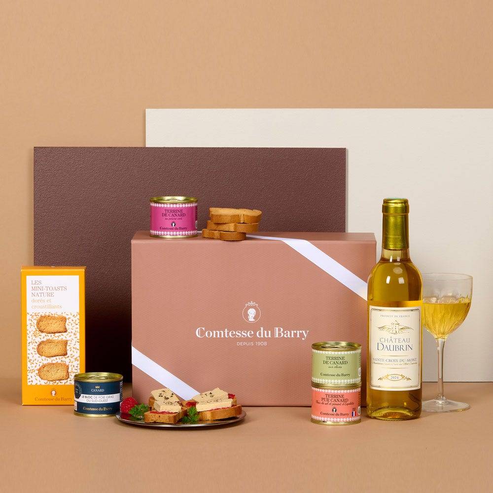 Pride of Southwest France gourmet gift box featuring duck foie gras, duck terrines, mini toasts and Sainte-Croix-du-Mont sweet wine by Comtesse du Barry.