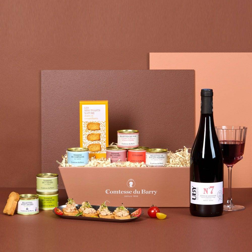 A Carousel of Flavours food hamper with French wine, duck terrines, regional specialities and savoury biscuits by Comtesse du Barry.