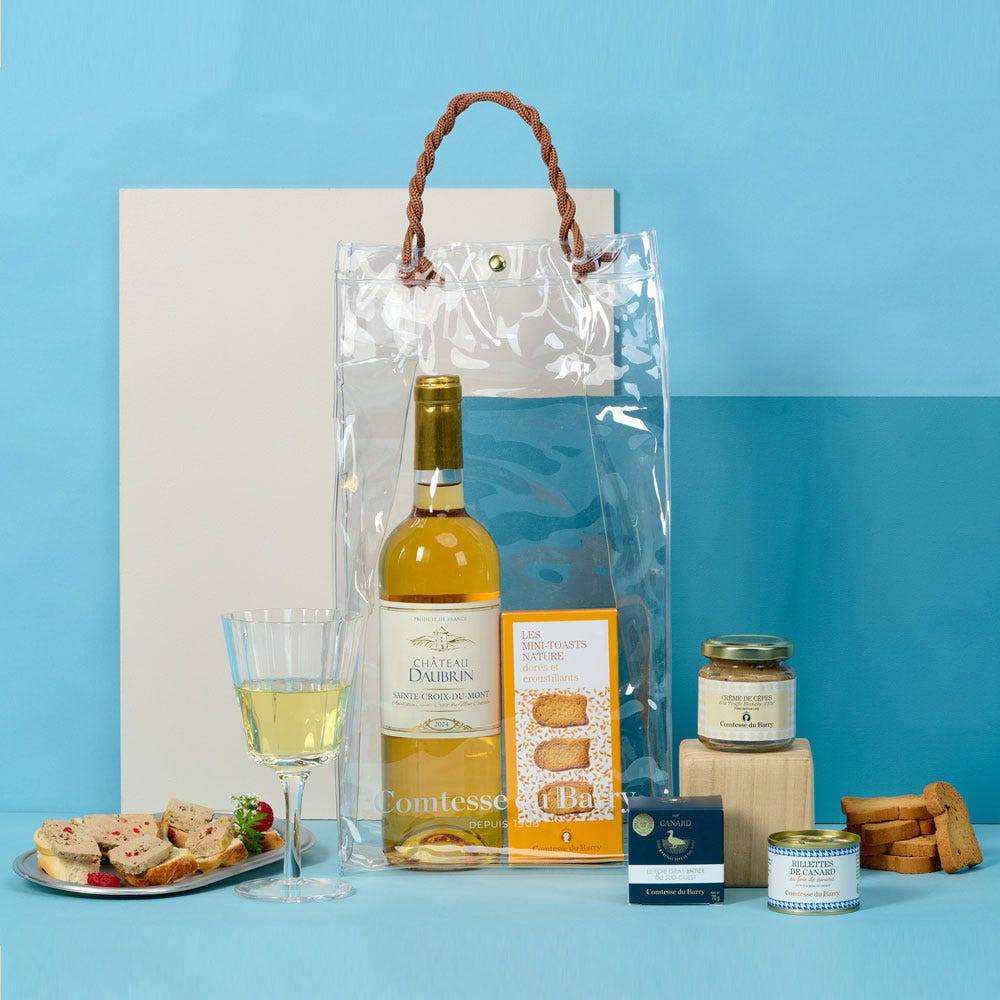 The Epicurean Edit food hamper with sweet wine, duck specialities, French terrines and gourmet biscuits by Comtesse du Barry.