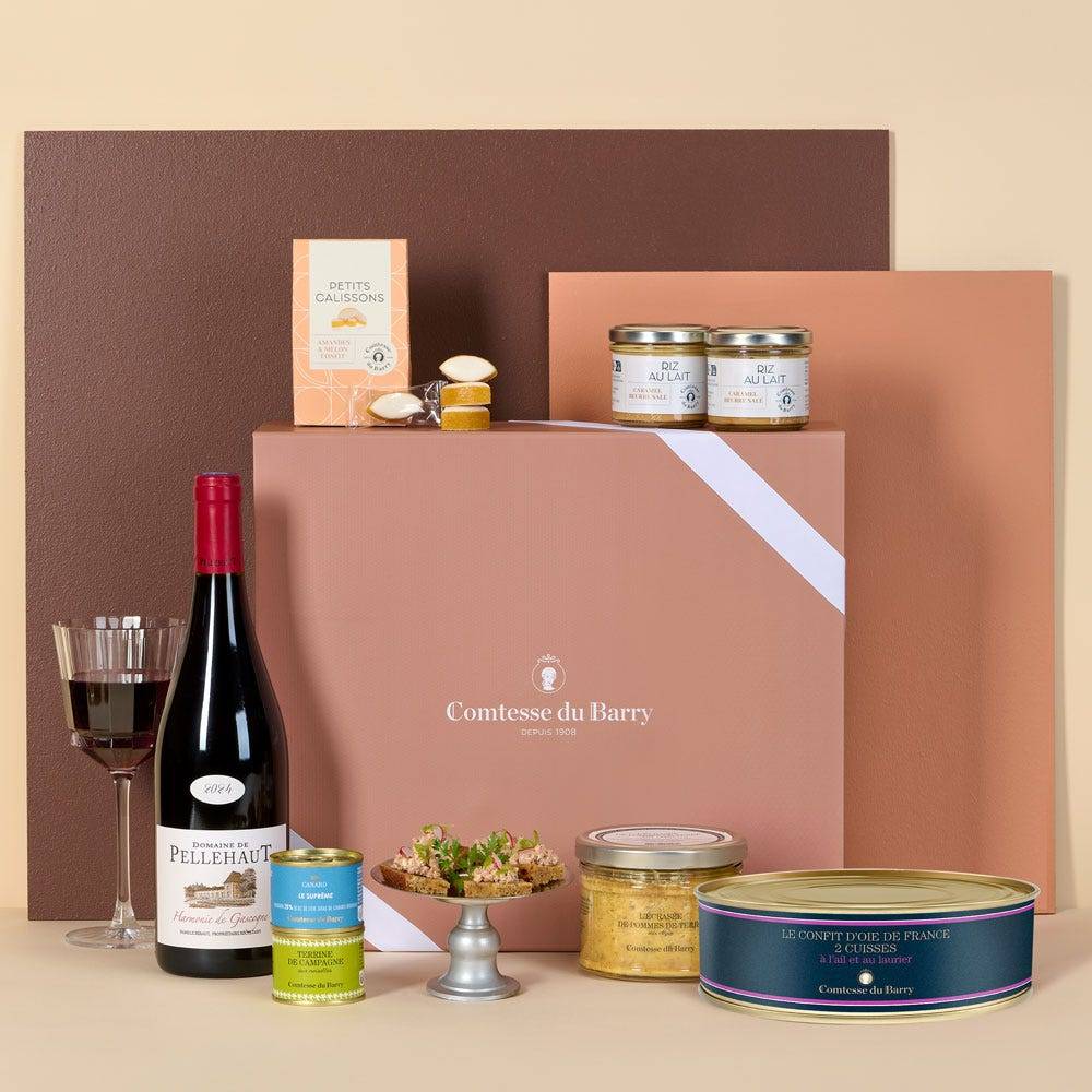 The Comtesse Menu food hamper with whole duck foie gras, Champagne, truffle biscuits, onion chutney and sweet almond treats by Comtesse du Barry.